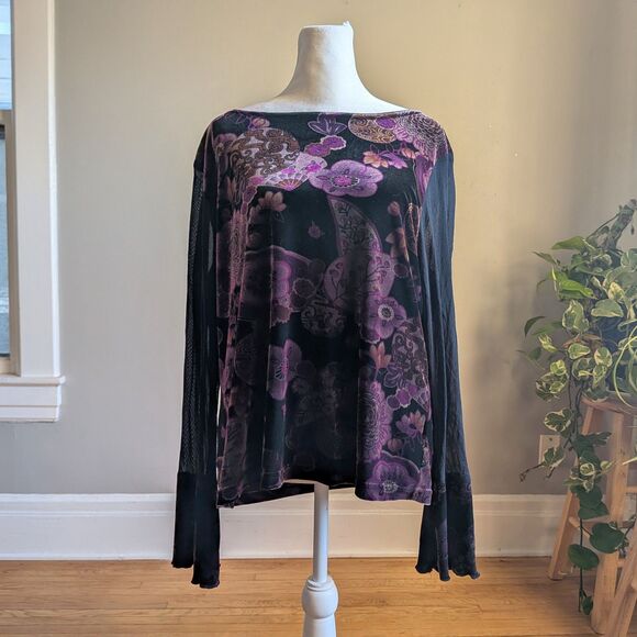 Vintage Y2K Worthington Floral Velvet Top Bell Sleeves Whimsygoth Fairycore XL - Picture 9 of 9